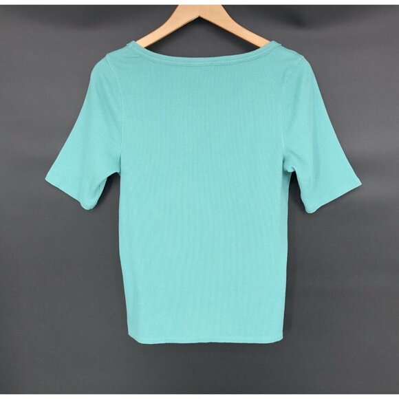 Sundance Womens Ribbed Short Sleeve Top Size M Teal Green Square Scoop Neck - Picture 2 of 6